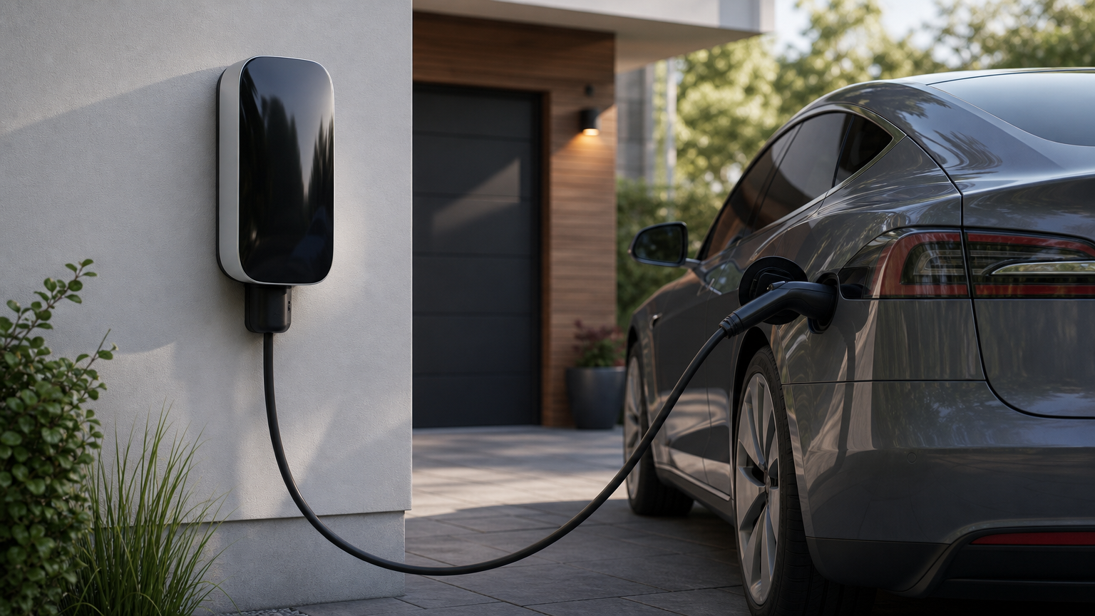 Residential EV charging station professionally installed, connected to an electric vehicle in a clean driveway