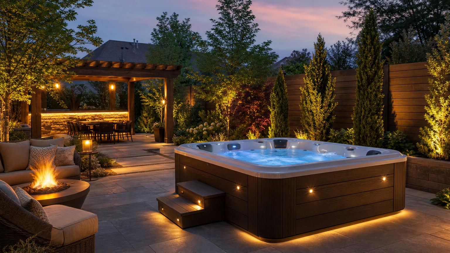 Backyard patio with premium hot tub professionally wired by an electrician, featuring beautiful lighting and seamless electrical setup