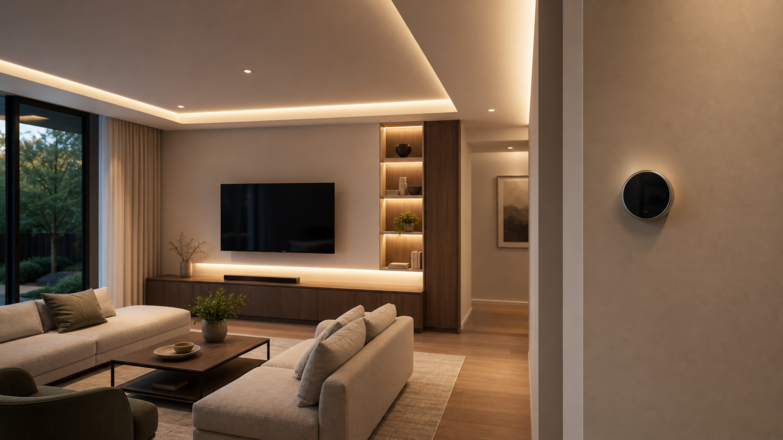 Contemporary living room with updated LED lighting and smart thermostat, showcasing professional residential electrical work