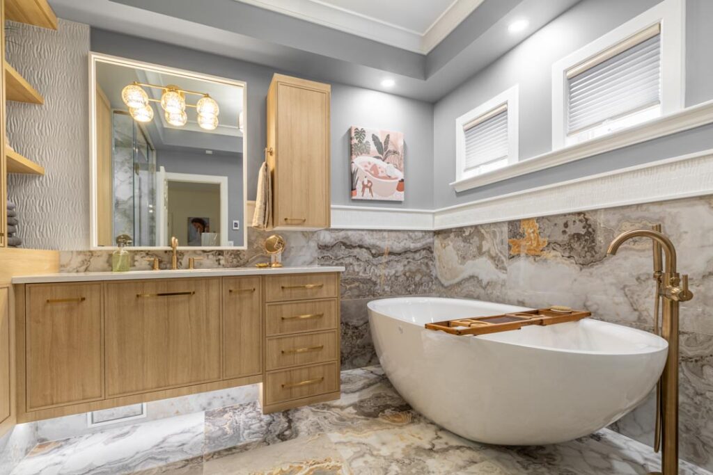 Bathroom lighting around a freestanding tub by North Star Electric in Winnipeg, Manitoba