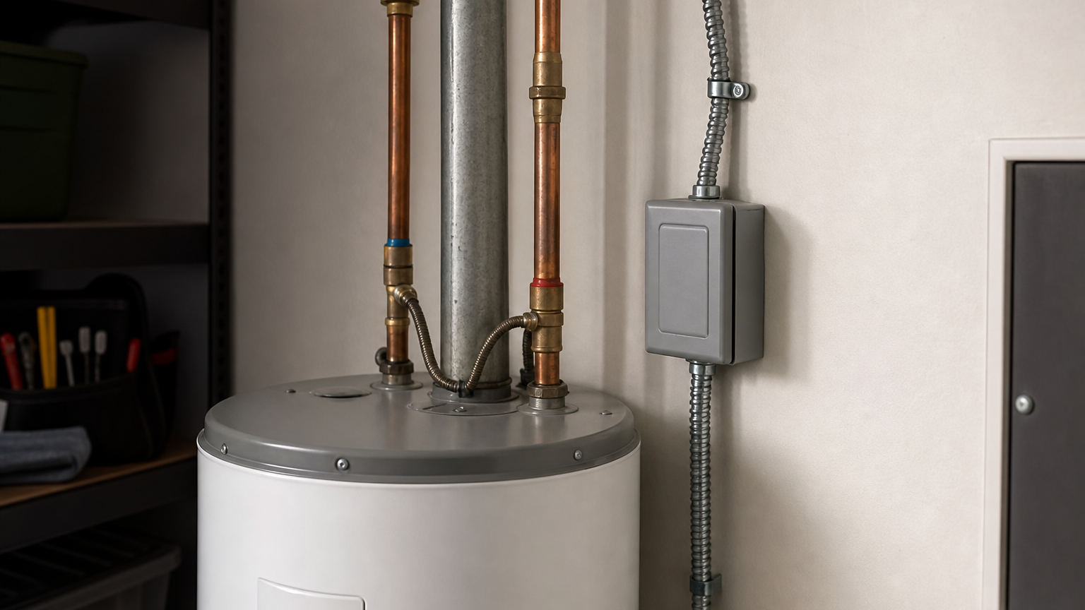 Hot water tank wiring and installation by North Star Electric in a utility room