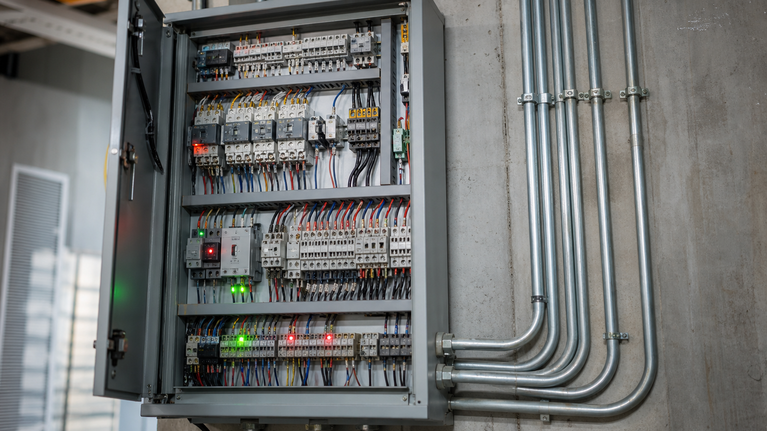 Industrial electrical control wiring by North Star Electric in a mechanical room