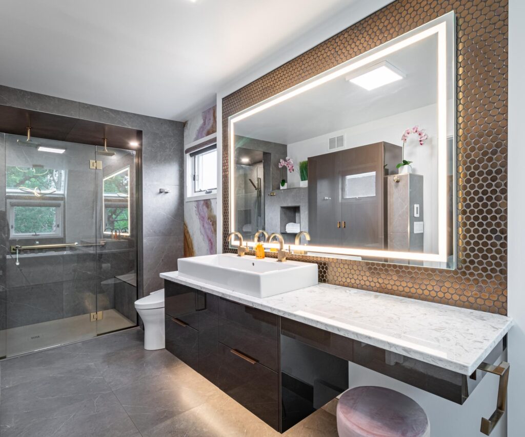 Layered ensuite lighting and fixtures by North Star Electric in Winnipeg, Manitoba