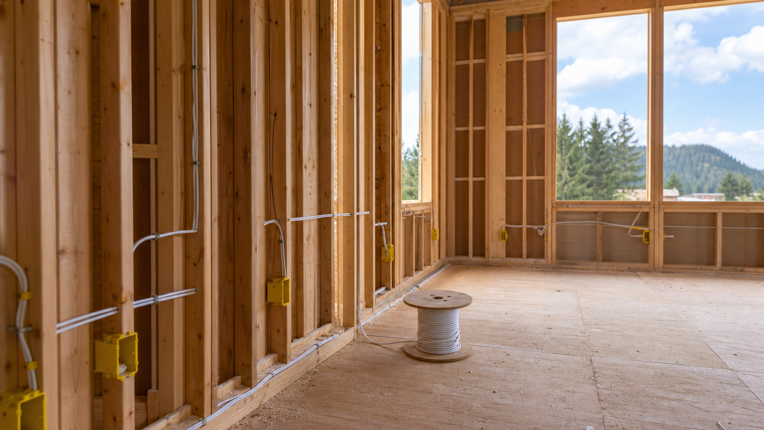 New construction electrical rough-in wiring by North Star Electric in a framed home